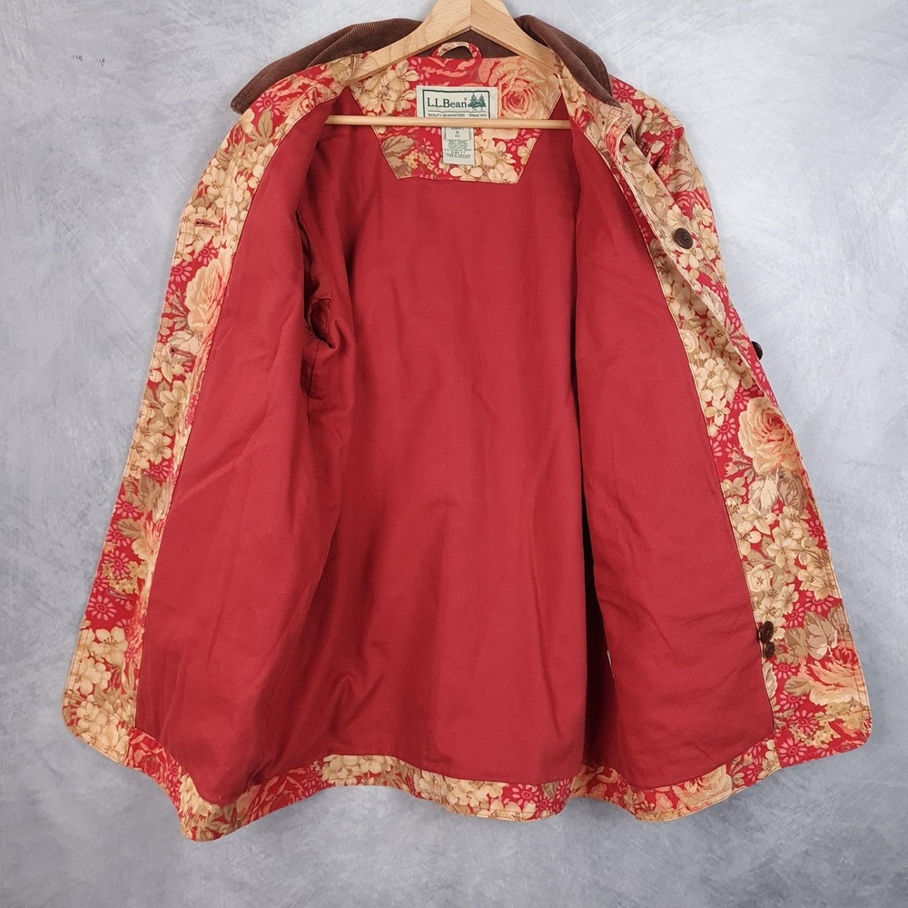 LL Bean Jacket Womens Medium Red Floral Canvas Corduroy Collar Lined Barn Coat - Picture 8 of 16